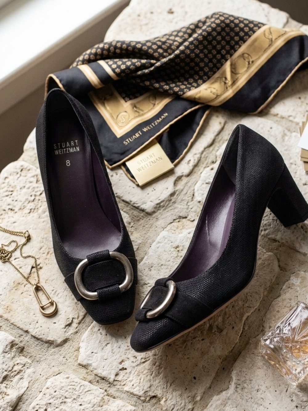 Stuart Weitzman Black Textured Block Heel Buckle Pumps Size 8 M